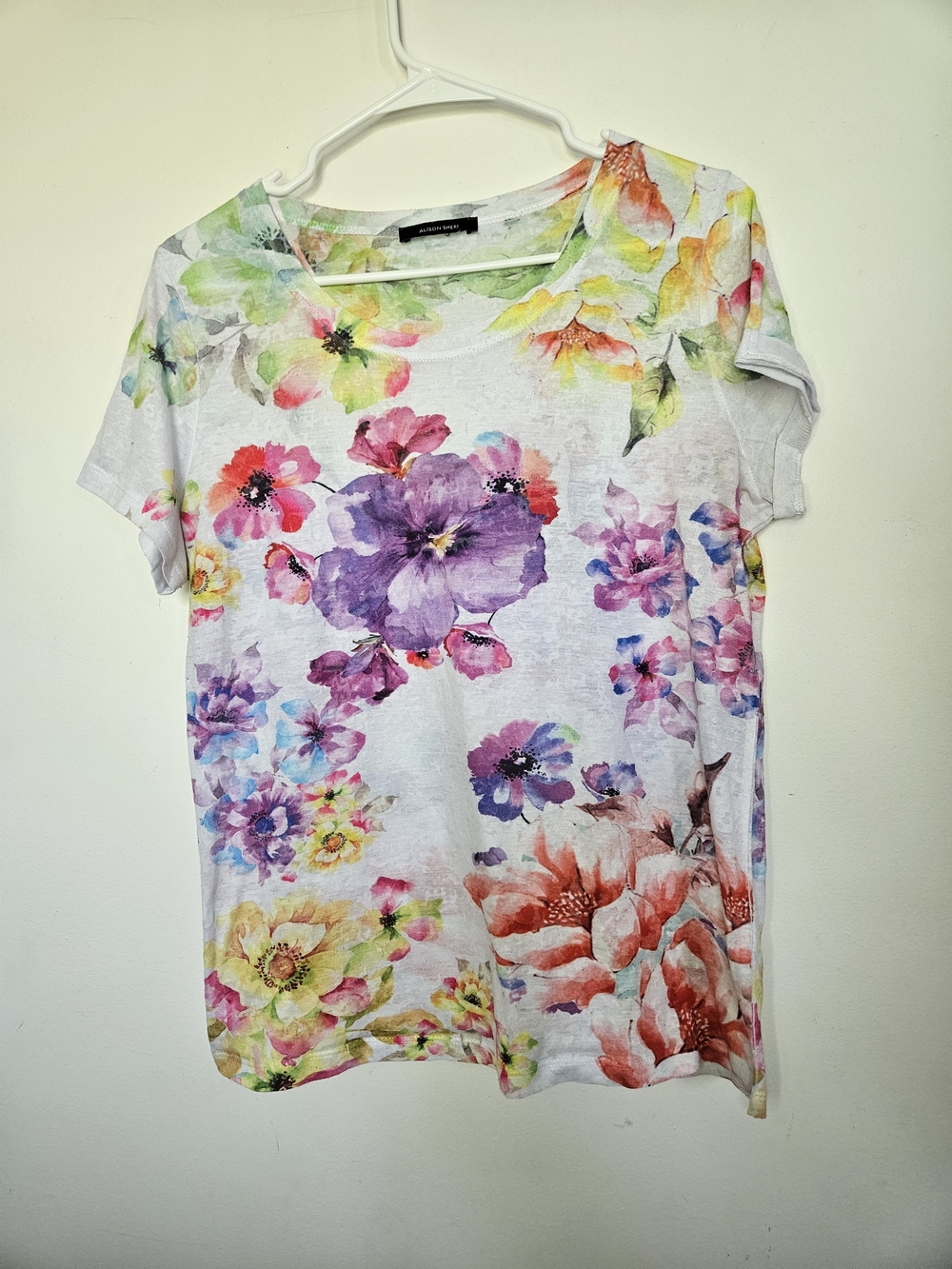 Alison Sheri Floral Watercolor Print Short Sleeve T-Shirt Top L